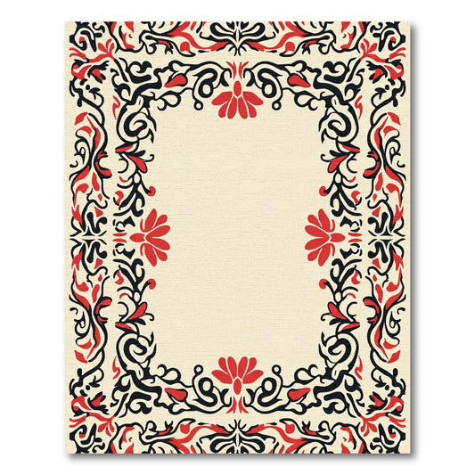 Crimson Black Floral Scroll Border Rug