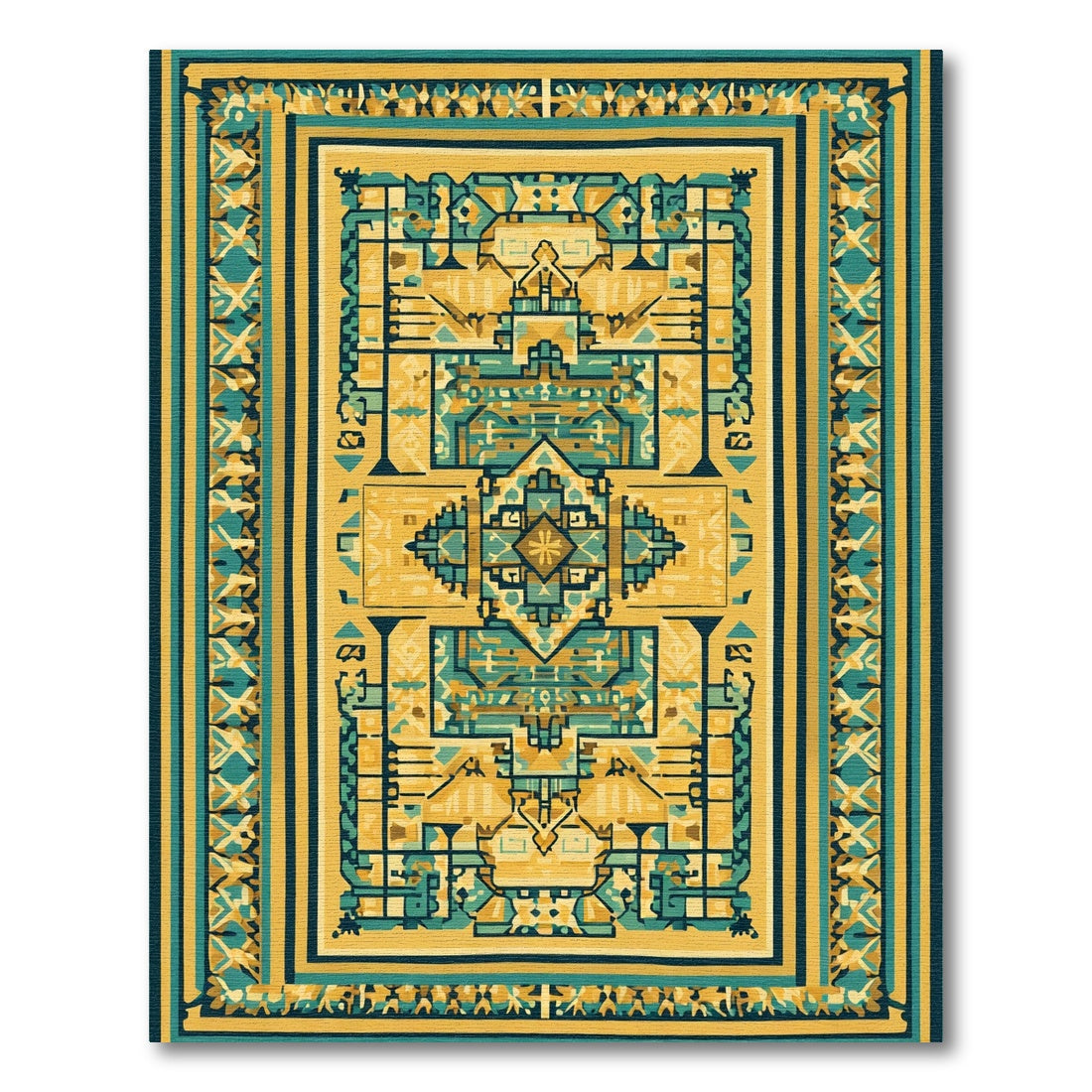 Ornate Yellow Teal Geometric Border Rug