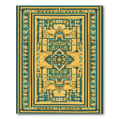 Ornate Yellow Teal Geometric Border Rug