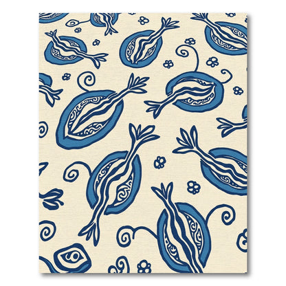 Blue White Stylized Fruit Floral Rug