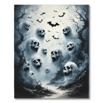 Eerie Skulls and Bats Black White Area Rug