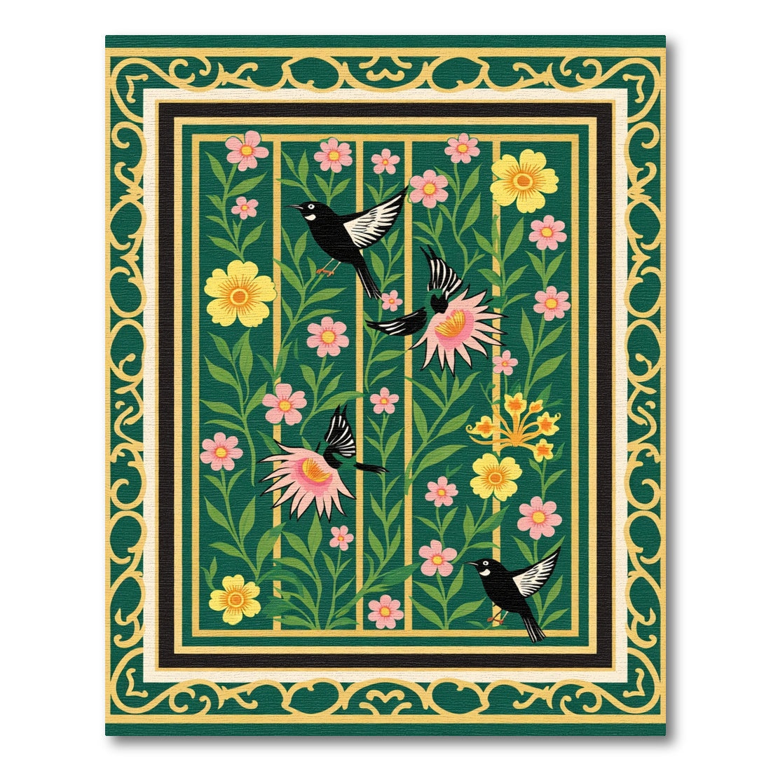 Emerald Green Birds Garden Floral Rug