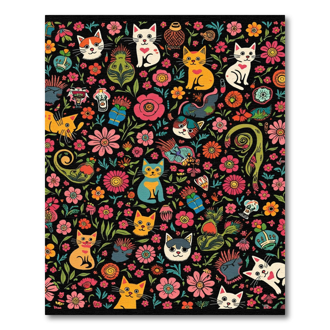 Colorful Whimsical Cat Floral Medley Rug