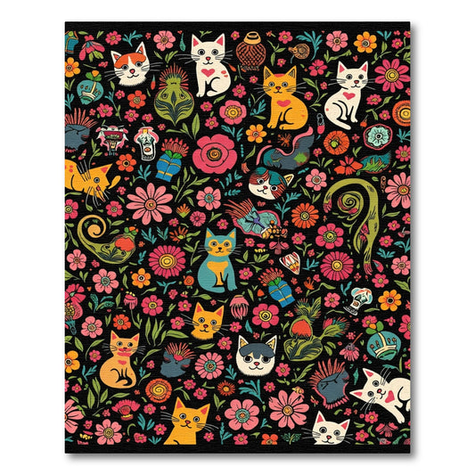 Colorful Whimsical Cat Floral Medley Rug