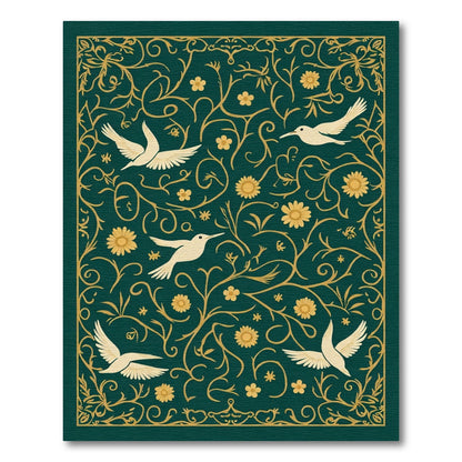 Golden Bird Floral Vine Scroll Rug