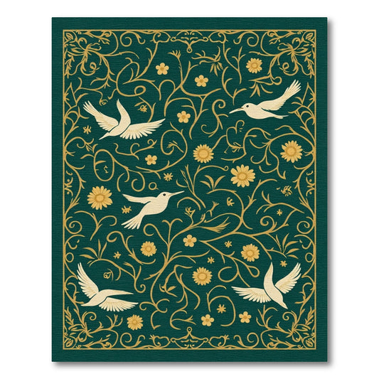 Golden Bird Floral Vine Scroll Rug