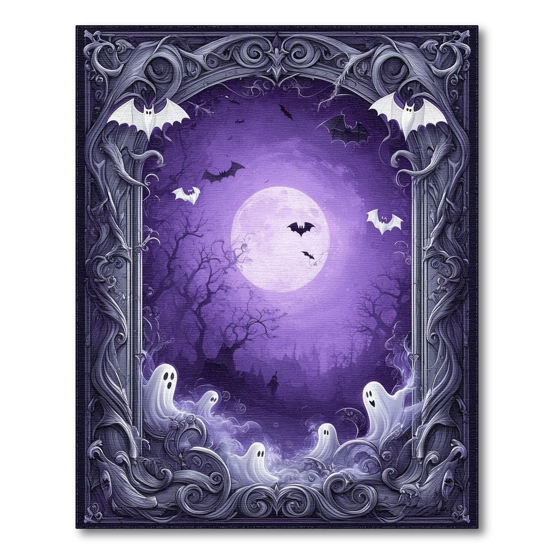 Spooky Purple Ghosts and Bats Halloween Rug