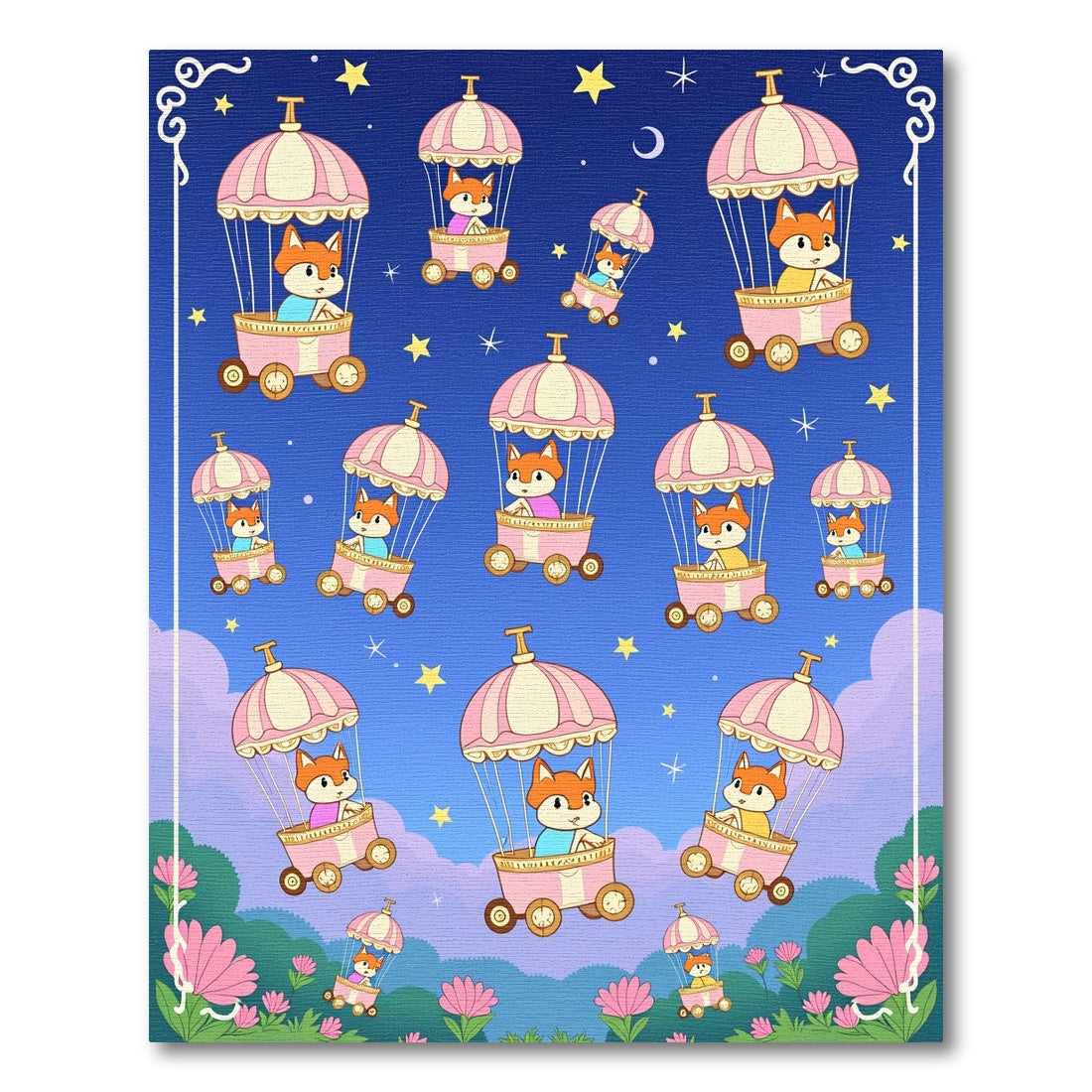 Whimsical Fox Hot Air Balloon Night Sky Rug