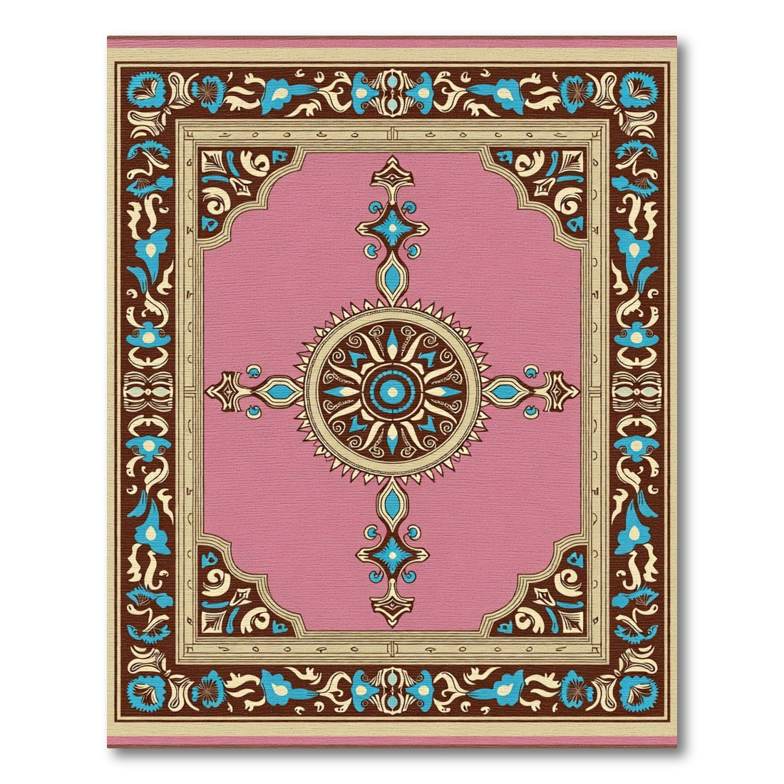 Vintage Pink Floral Medallion Border Rug
