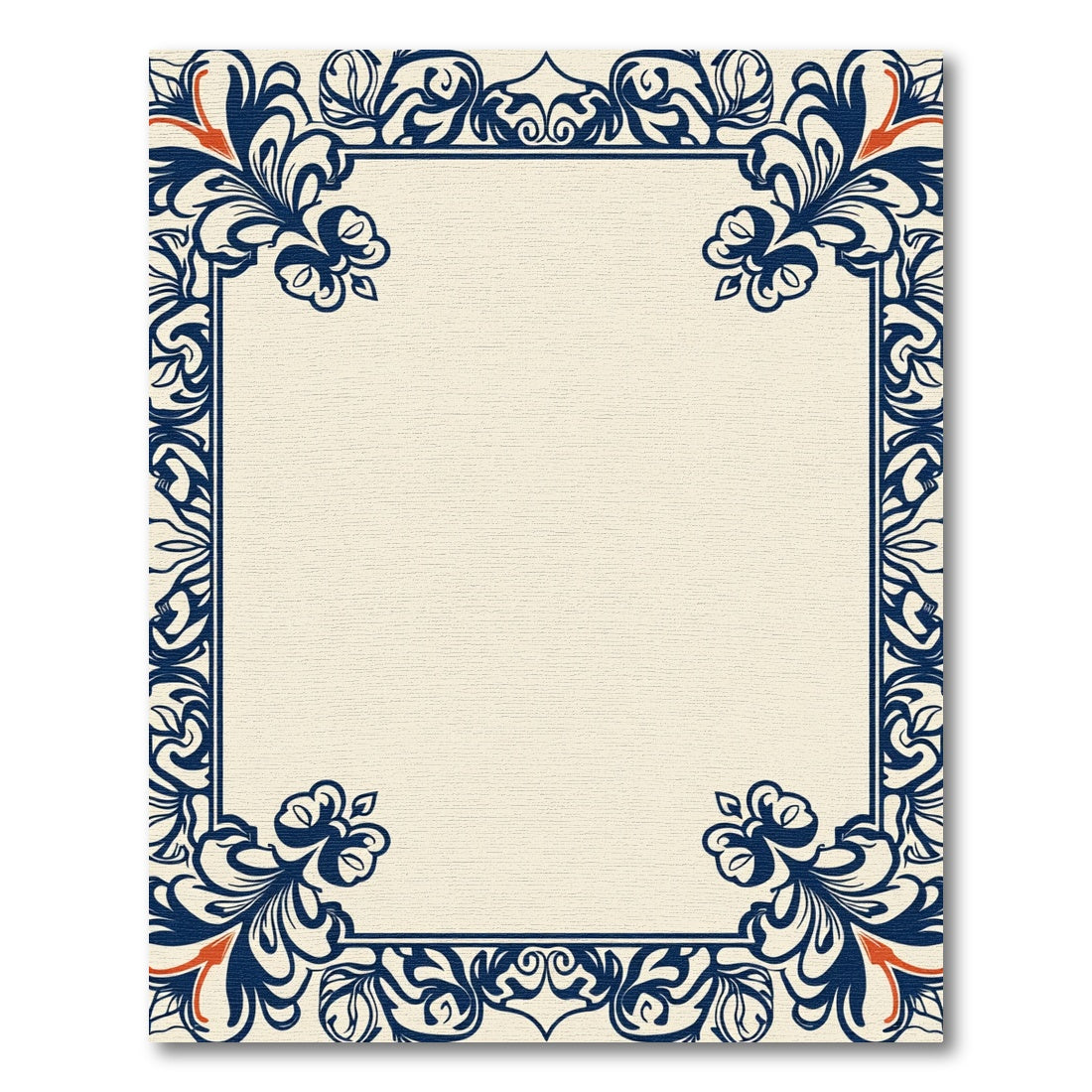 Navy Blue Floral Border Cream Rug