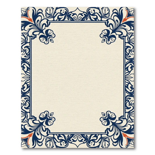 Navy Blue Floral Border Cream Rug