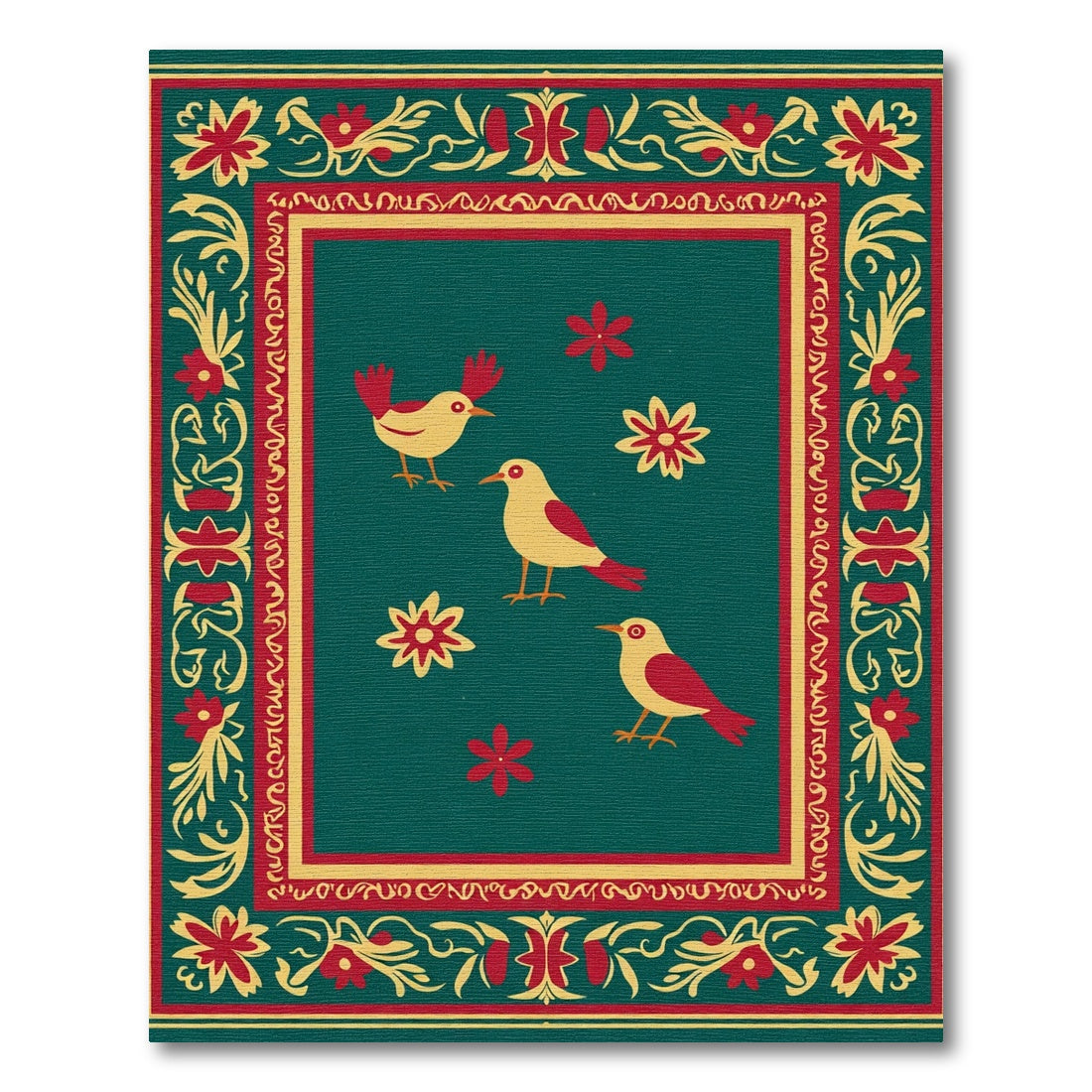 Golden Yellow Birds Red Floral Border Rug