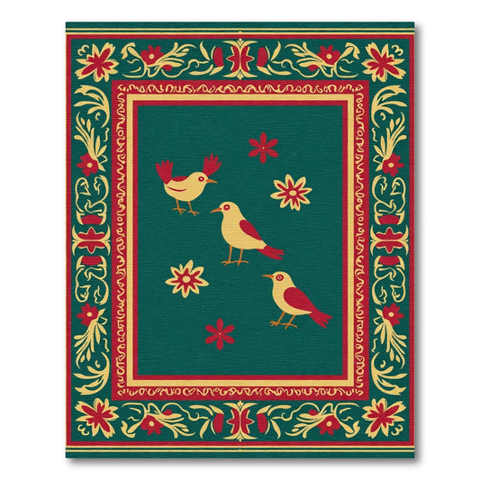 Golden Yellow Birds Red Floral Border Rug