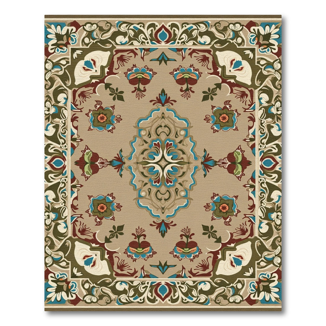 Tan Floral Medallion Border Scroll Rug