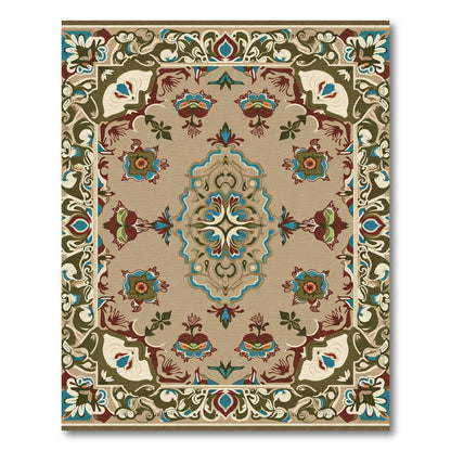 Tan Floral Medallion Border Scroll Rug