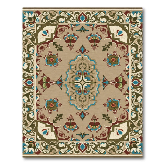 Tan Floral Medallion Border Scroll Rug