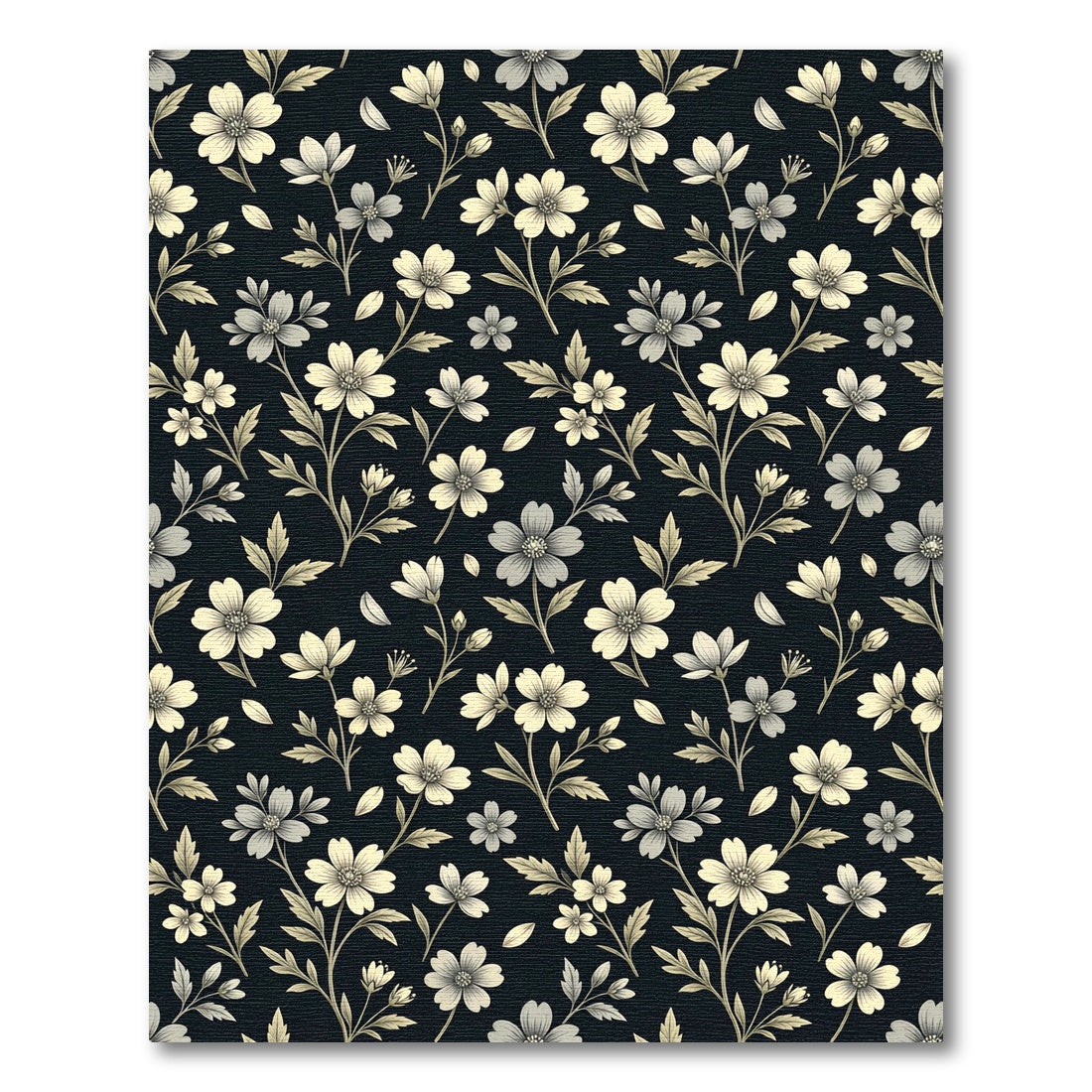 Black Cream Floral Botanical Sprigs Rug