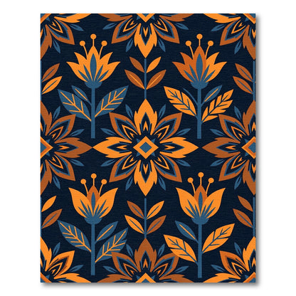 Orange Blue Floral Stem Medallion Rug