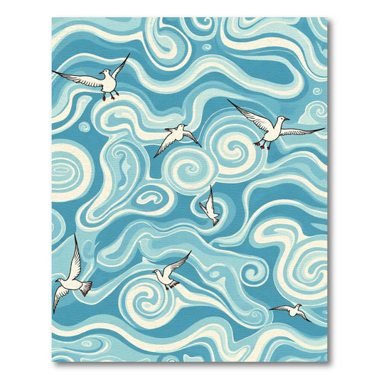 Coastal Seagulls Blue Swirl Rug