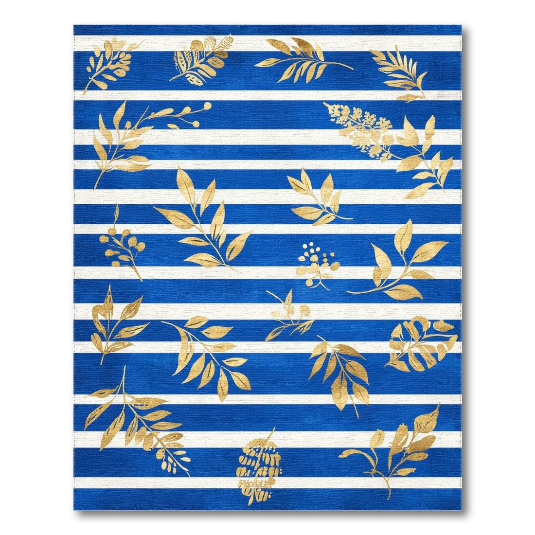 Blue Striped Gold Leaf Washable Area Rug