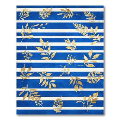 Blue Striped Gold Leaf Washable Area Rug