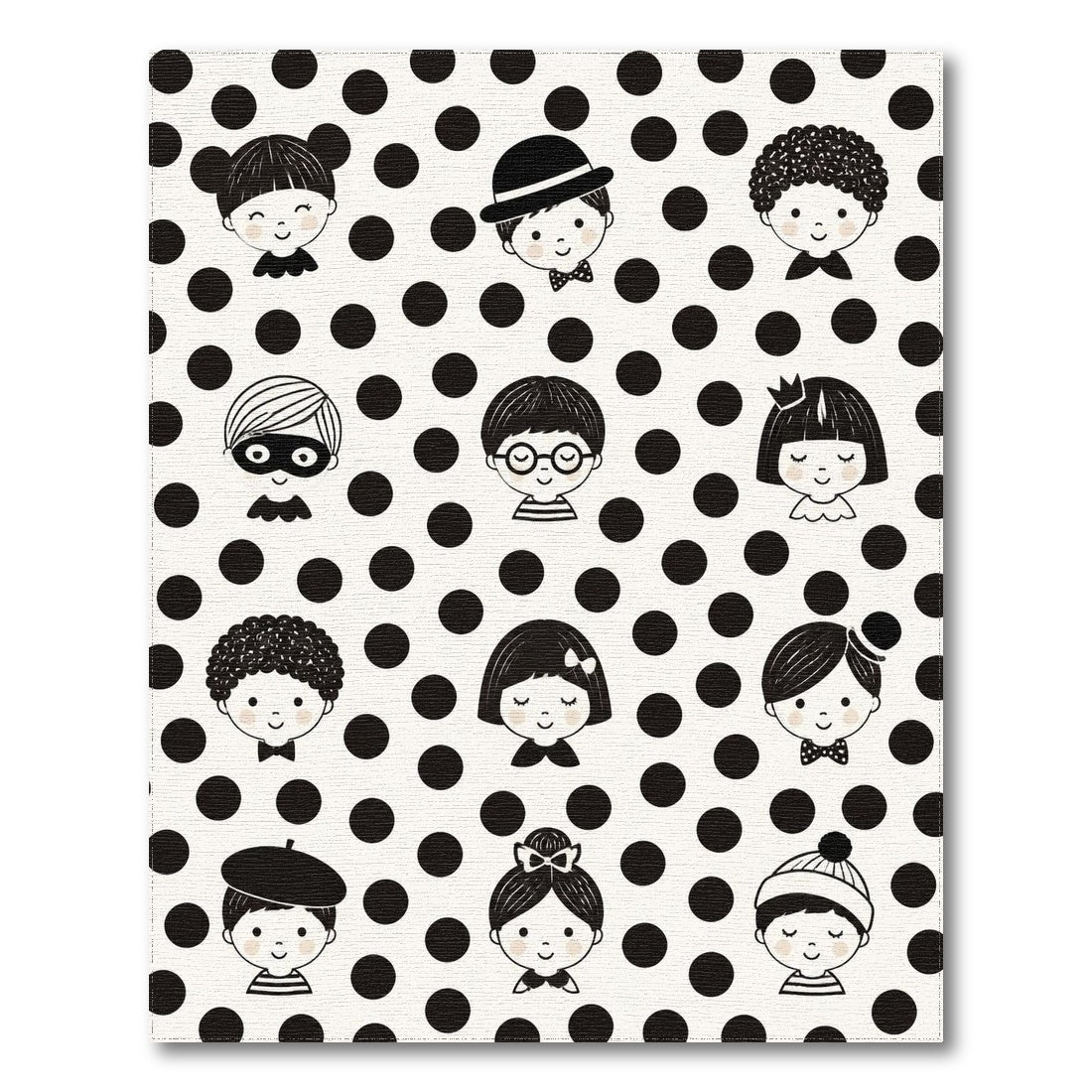 Black White Kids Cartoon Faces Washable Area Rug