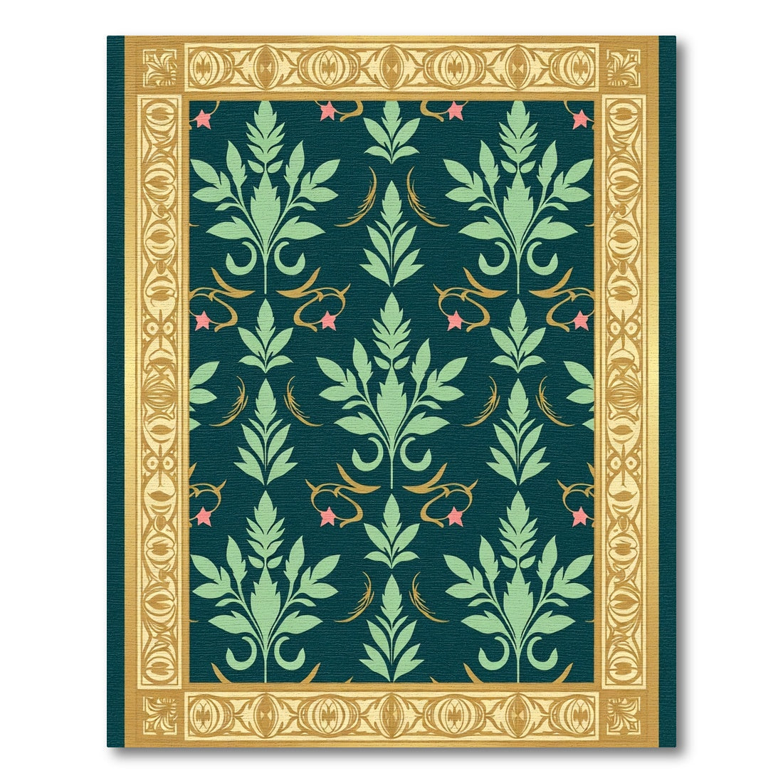 Teal Green Floral Scroll Border Rug