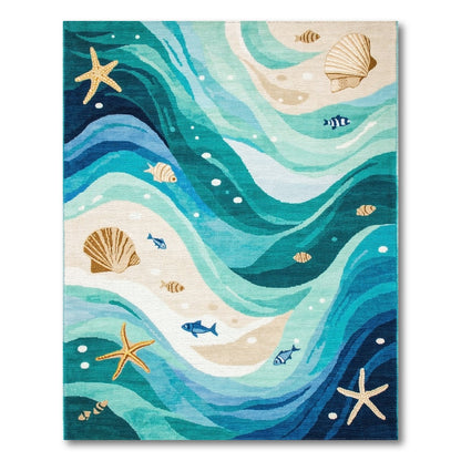 Teal Waves Starfish Seashell Beach Rug