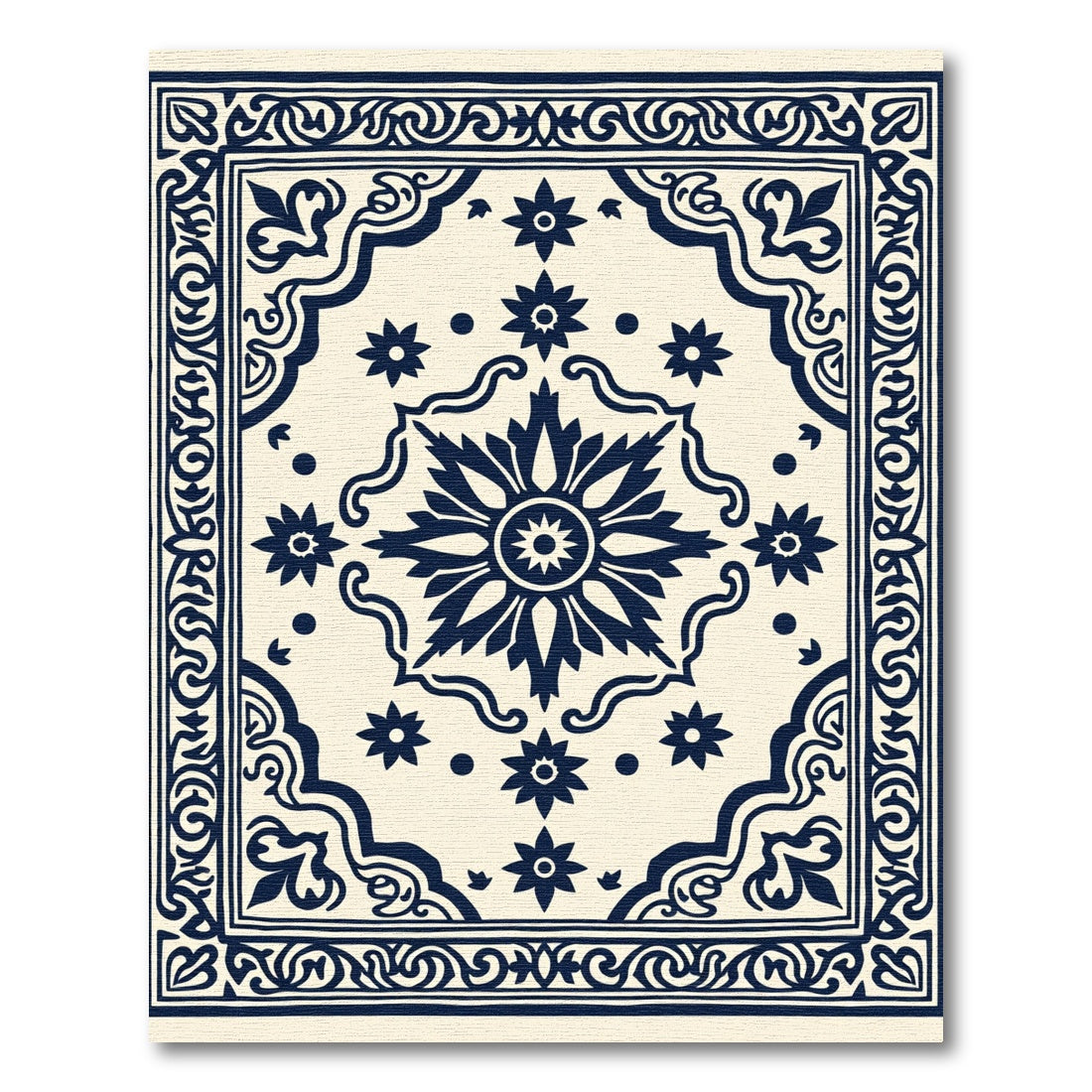 Dark Blue Floral Medallion Cream Rug