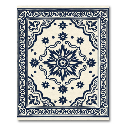 Dark Blue Floral Medallion Cream Rug