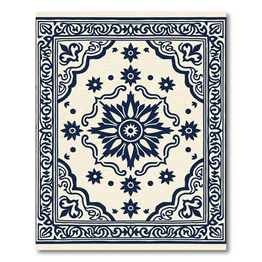 Dark Blue Floral Medallion Cream Rug