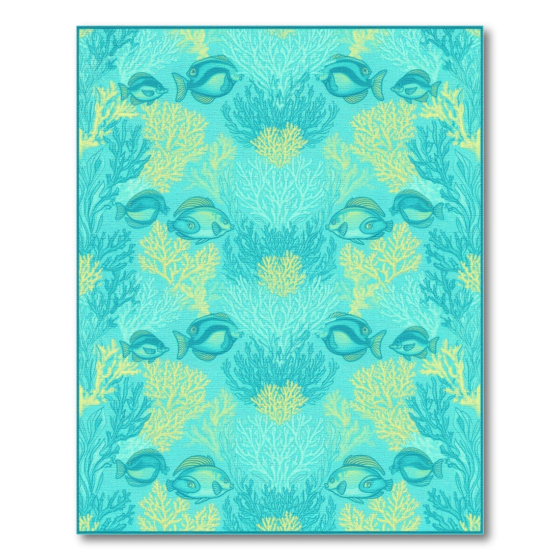 Blue Teal Fish Coral Coastal Beach Area Rug