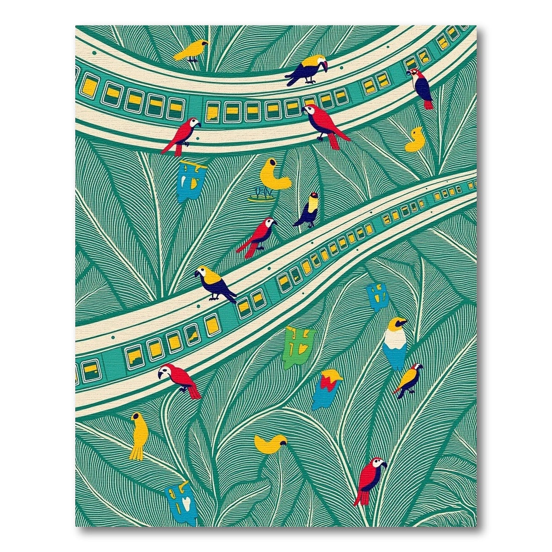 Tropical Birds Amidst Leafy Green Swirls Rug