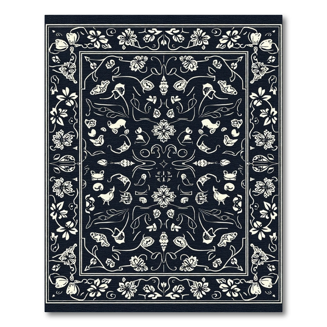 Cream and Navy Floral Whimsical Artful Rug