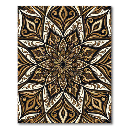 Symmetrical Brown Golden Mandala Swirl Rug