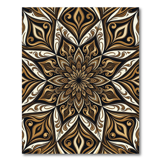 Symmetrical Brown Golden Mandala Swirl Rug
