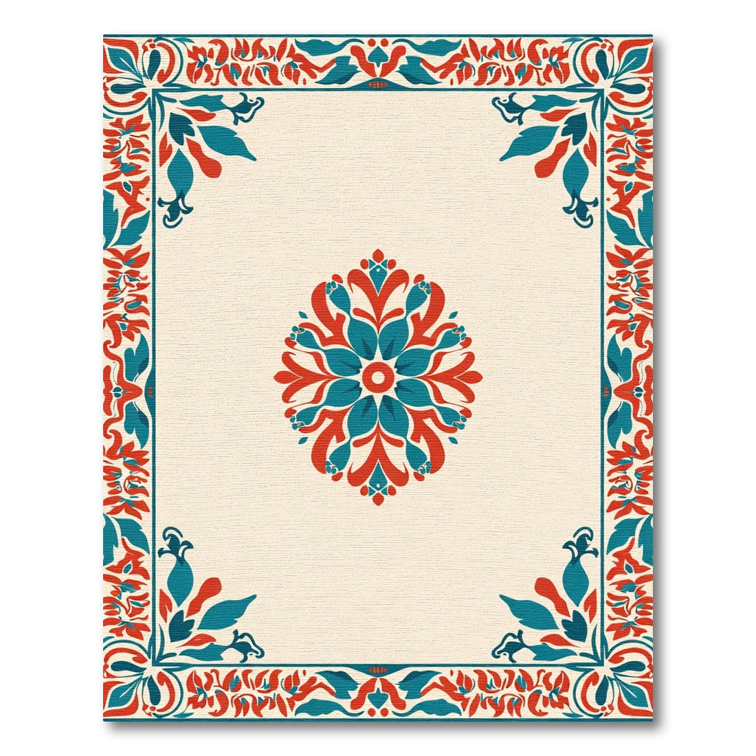 Crimson Teal Traditional Floral Border Rug