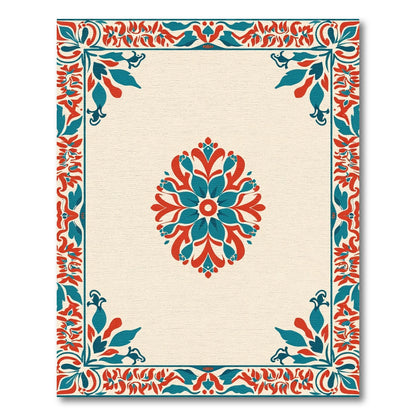 Crimson Teal Traditional Floral Border Rug