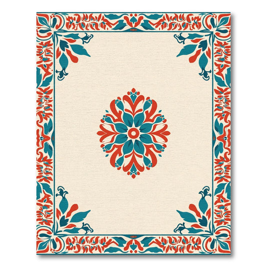Crimson Teal Traditional Floral Border Rug