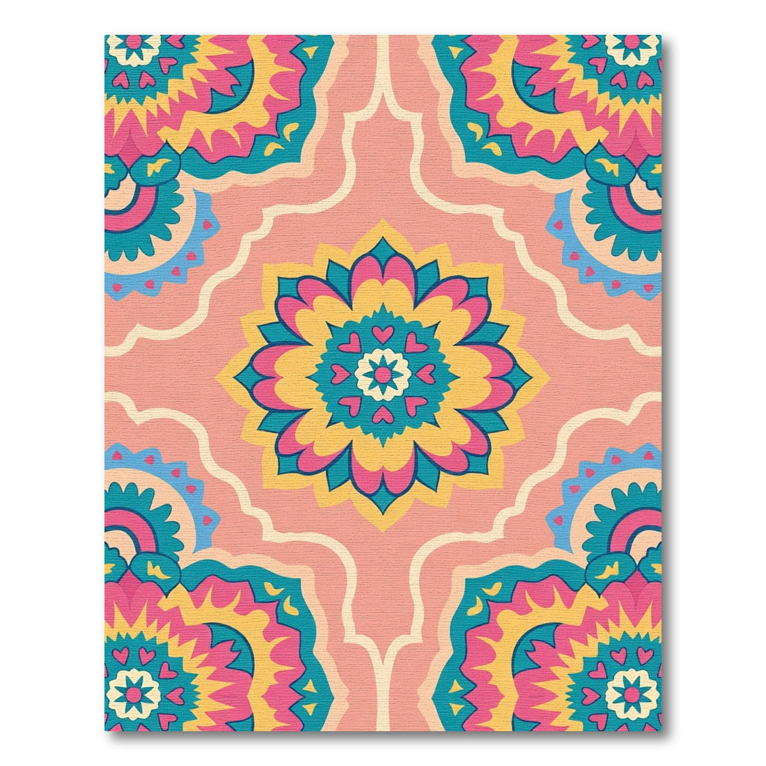 Bright Pink Teal Yellow Floral Medallion Rug