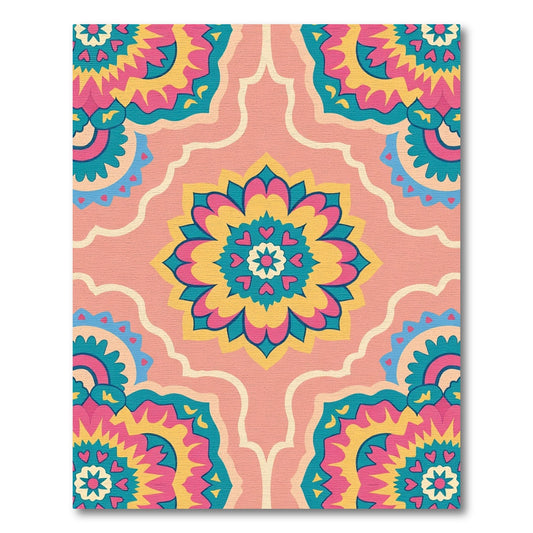 Bright Pink Teal Yellow Floral Medallion Rug