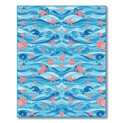Blue Ocean Waves Sea Life Area Rug
