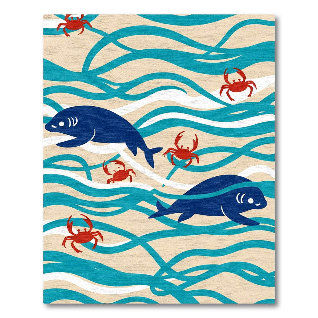 Whimsical Blue Seals Red Crabs Waves Rug