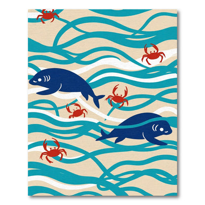 Whimsical Blue Seals Red Crabs Waves Rug