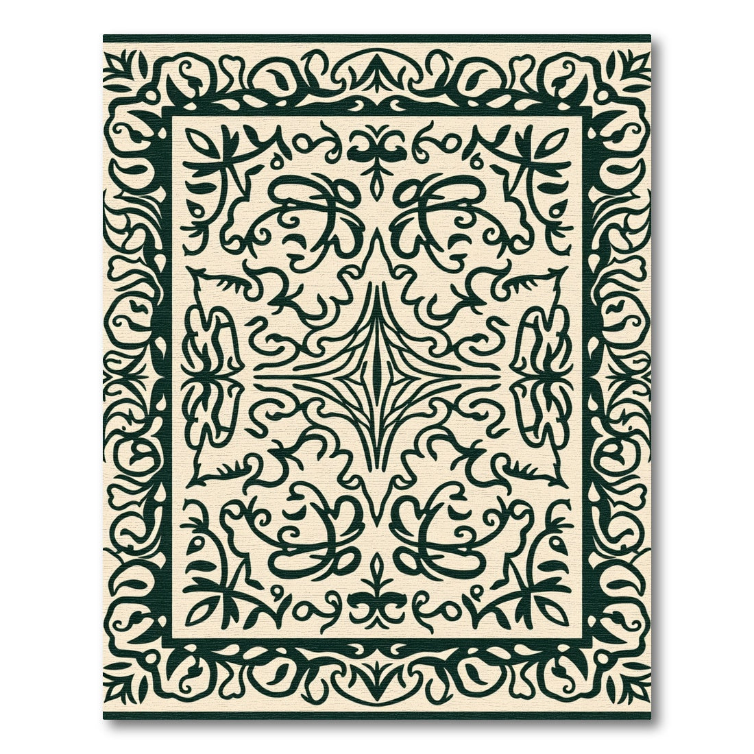Ornate Dark Green Scrollwork Frame Rug