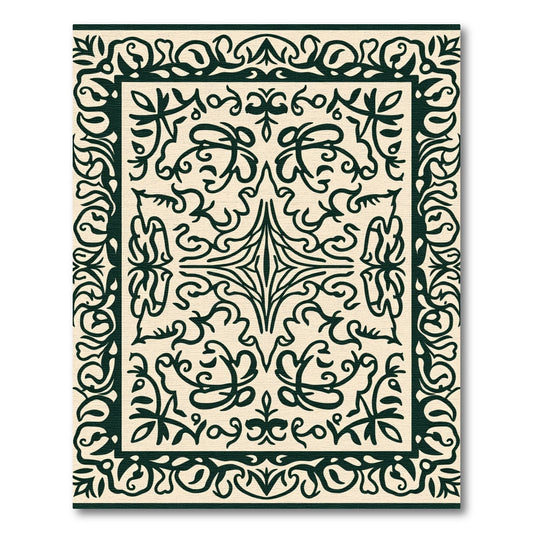 Ornate Dark Green Scrollwork Frame Rug