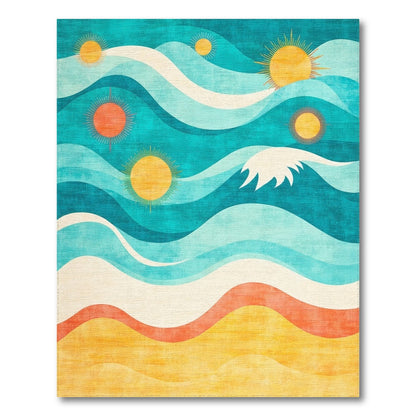 Coastal Waves and Suns Washable Area Rug