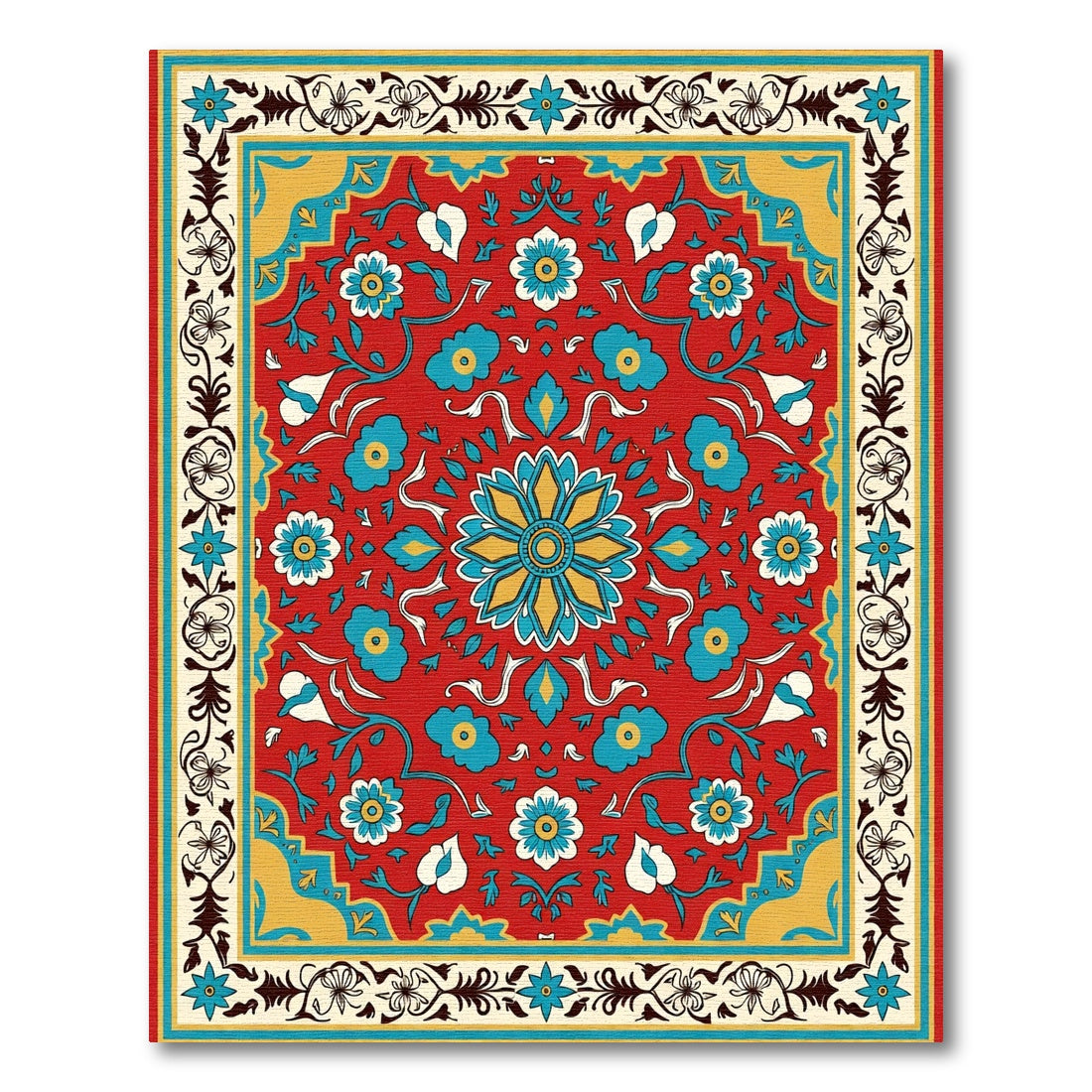 Red Floral Medallion Indigo Border Rug