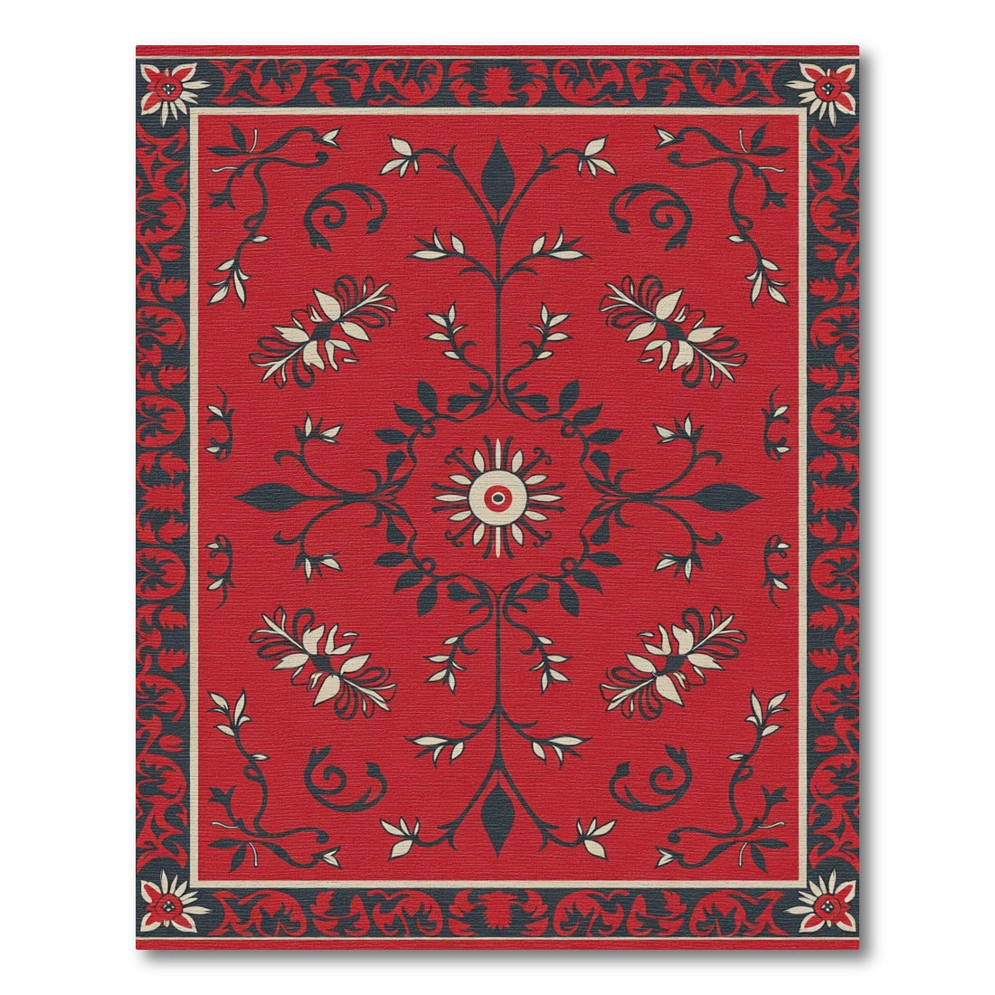 Red Crimson Floral Border Rug