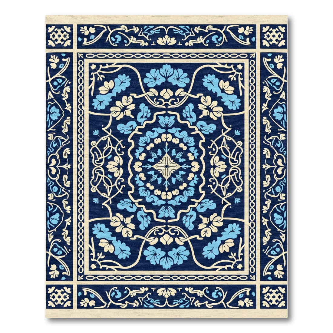 Navy Blue Floral Medallion Border Rug